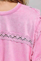 Pol Clothing - French Terry Eyelet Ruffle Vintage Washing Solid Knit Top