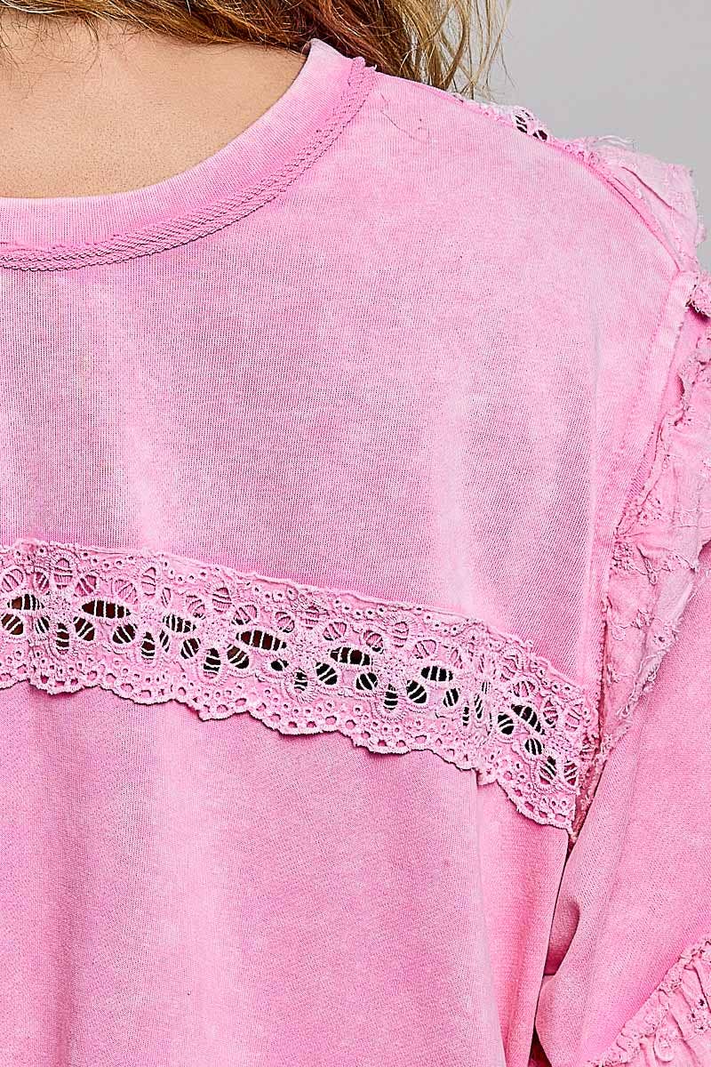 Pol Clothing - French Terry Eyelet Ruffle Vintage Washing Solid Knit Top