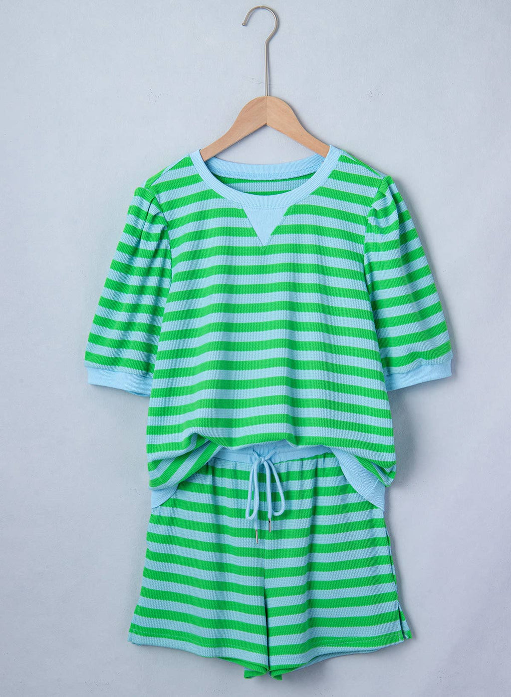 Summer Stripe Puff Short Sleeve T Shirt Matching Shorts Set