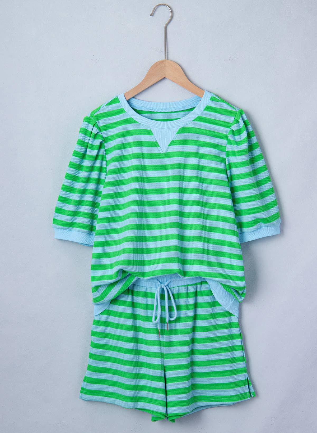 Summer Stripe Puff Short Sleeve T Shirt Matching Shorts Set
