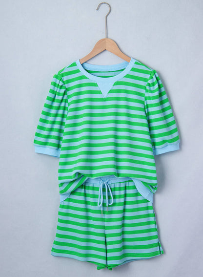 Summer Stripe Puff Short Sleeve T Shirt Matching Shorts Set