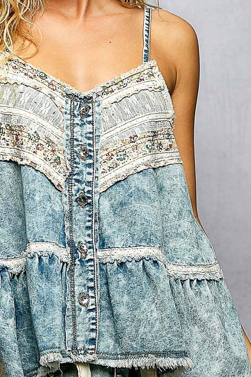 Pol Clothing - Double Gauze Denim Lace Patch Outseam Round Neck Sleeveless