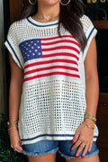 July 4th USA Flag Eyelet Knitted Cap Sleeve Sweater Top