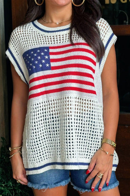 July 4th USA Flag Eyelet Knitted Cap Sleeve Sweater Top