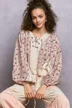 Strawberry V Neck Balloon Sleeve Floral Ruffle Woven Printed Top