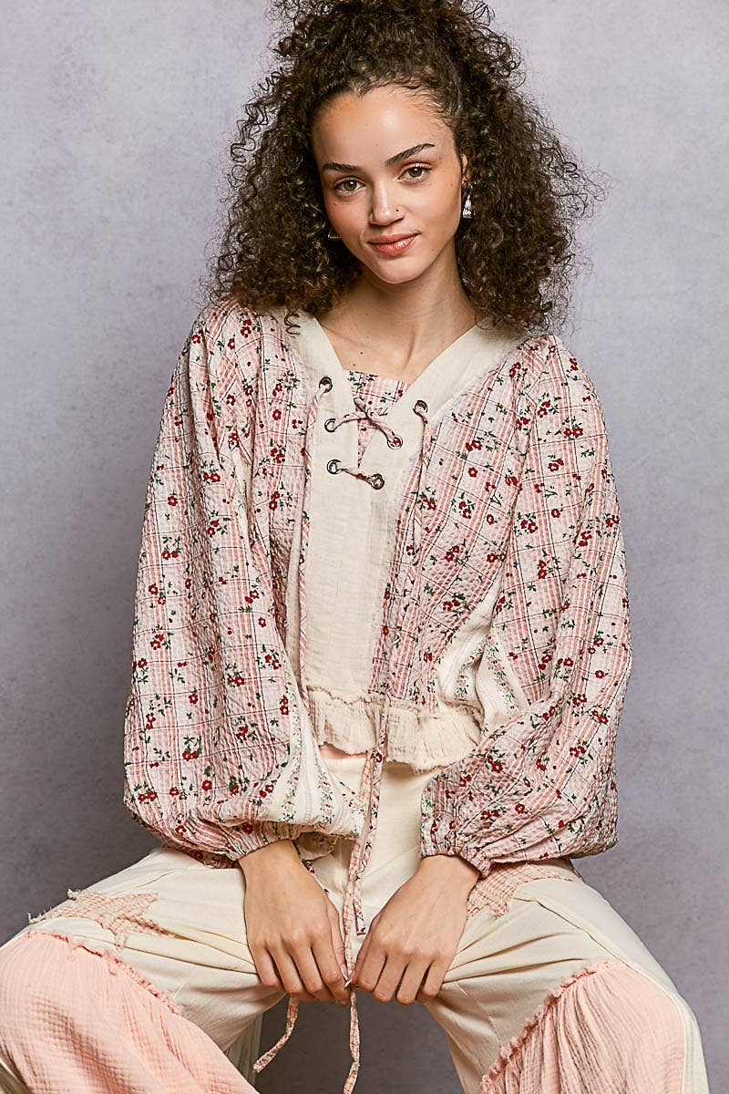 Strawberry V Neck Balloon Sleeve Floral Ruffle Woven Printed Top