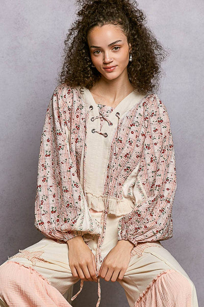 Strawberry V Neck Balloon Sleeve Floral Ruffle Woven Printed Top