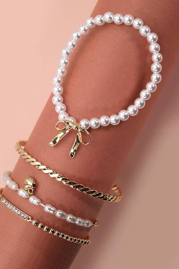 BOW PEARL RHINESTONE BAR STRETCH BANGLE SET |