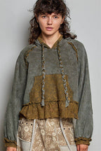 Pol Clothing - Cropped Balloon Sleeves Thermal Knit Lace Casual Hoodie
