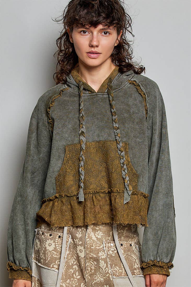 Pol Clothing - Cropped Balloon Sleeves Thermal Knit Lace Casual Hoodie