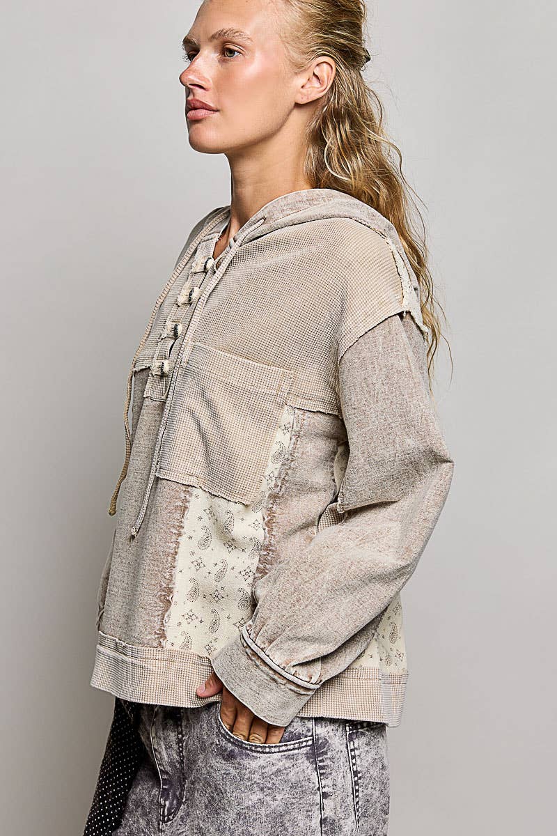 Pol Clothing - Mixed-Texture Patchwork Henley Button Patch Hoodie