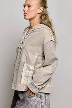 Pol Clothing - Mixed-Texture Patchwork Henley Button Patch Hoodie