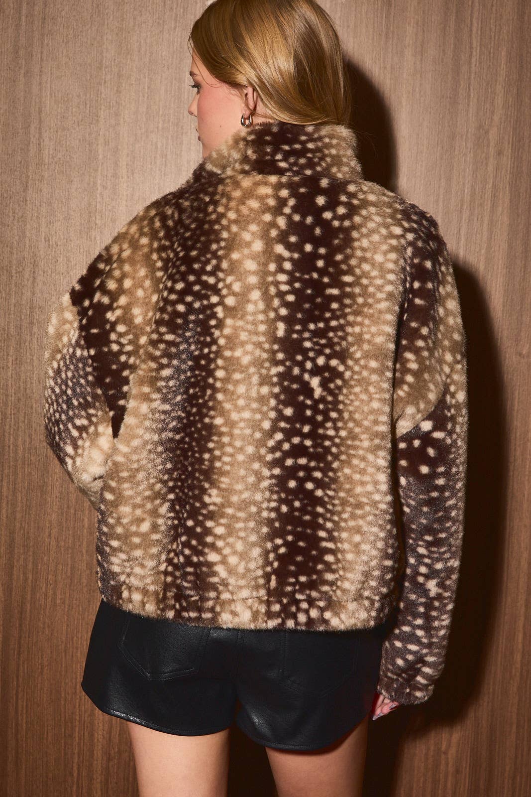 LE LIS - Faux Fur Deer Print Zip Jacket