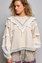 Pol Clothing - French Terry Eyelet Ruffle Vintage Washing Solid Knit Top