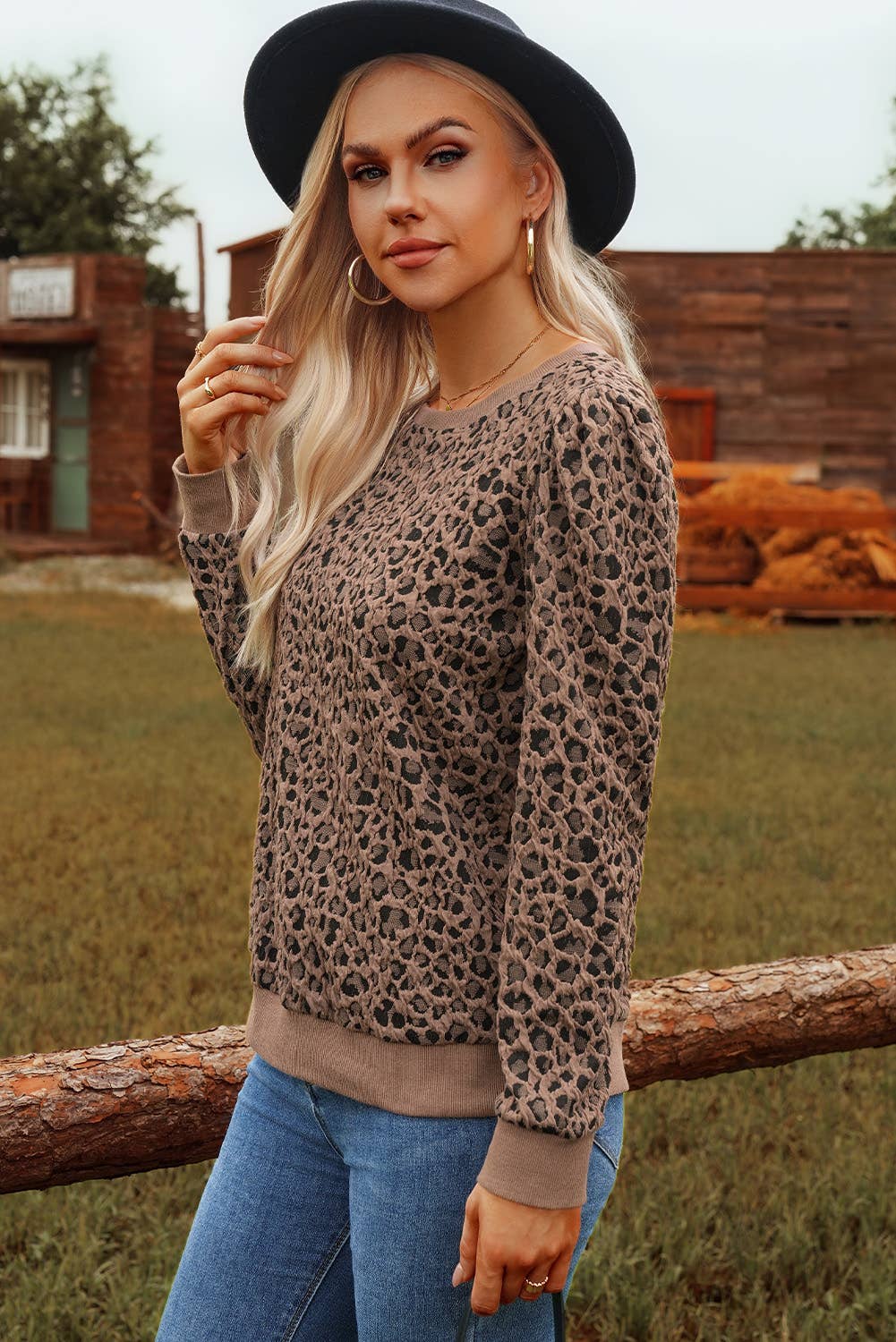 Ribbed Trim Leopard Print Long Sleeve Top