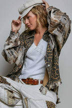 Pol Clothing - Allover Print Pattern Raw-Edge Fringe Trim Shirt Jacket