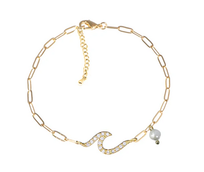 Anklet- Wave with dangle pearl paperclip