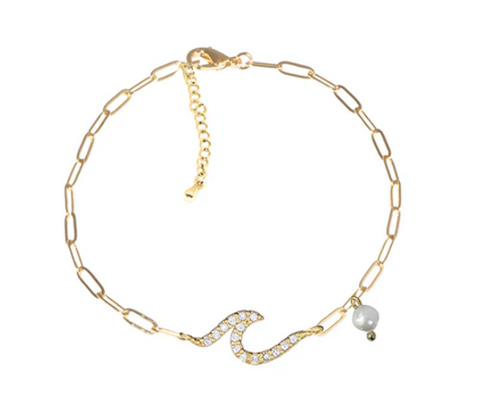 Anklet- Wave with dangle pearl paperclip