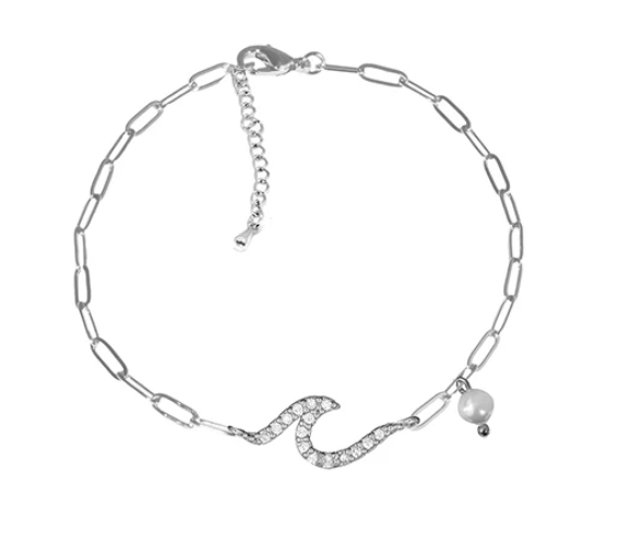 Anklet- Wave with dangle pearl paperclip