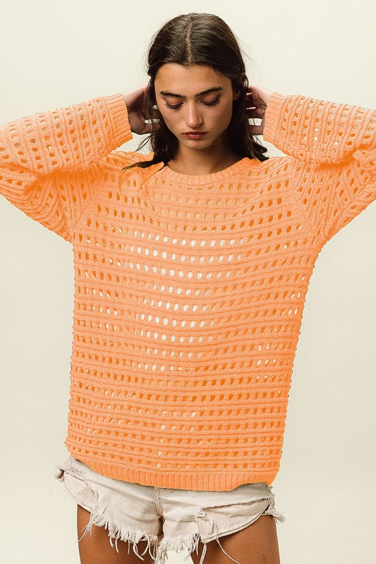 ROUND NECK OPEN KNIT SWEATER TOP