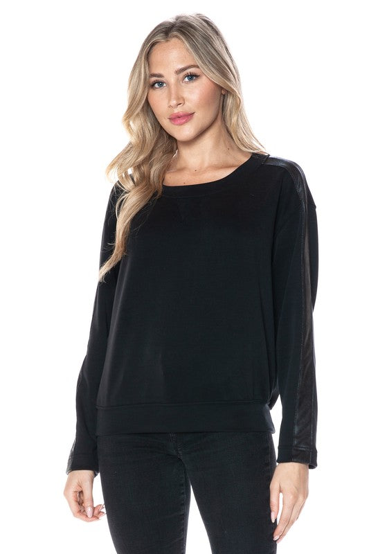 Ariella Crew Neck With Pleather Sleeves in Scuba