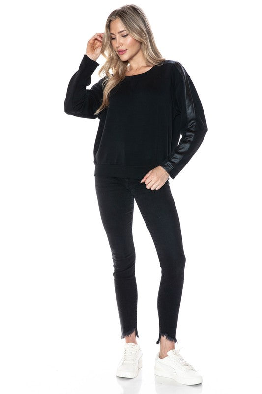 Ariella Crew Neck With Pleather Sleeves in Scuba