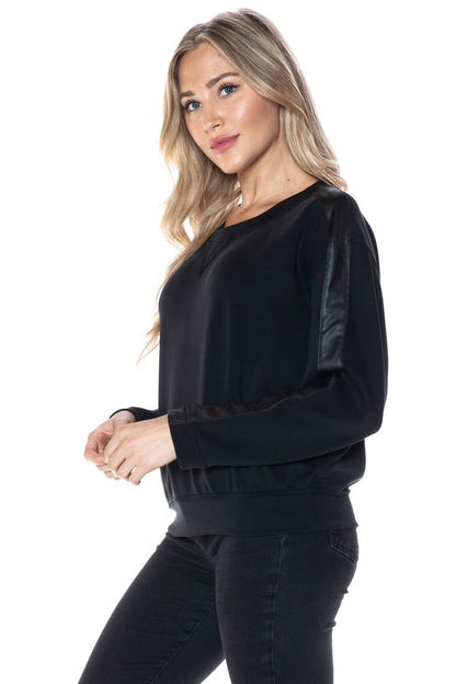 Ariella Crew Neck With Pleather Sleeves in Scuba