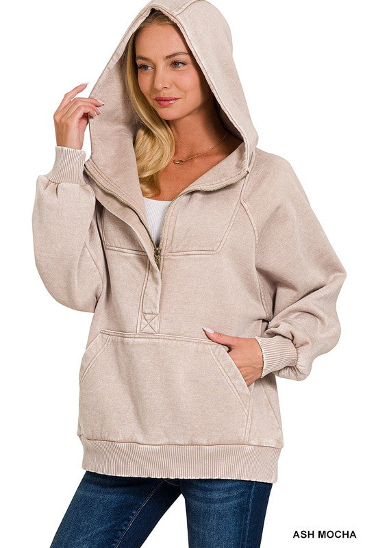Amy ACID WASH FLEECE OVERSIZED 1/4 ZIP KANGAROO HOODIE LT ORANGE