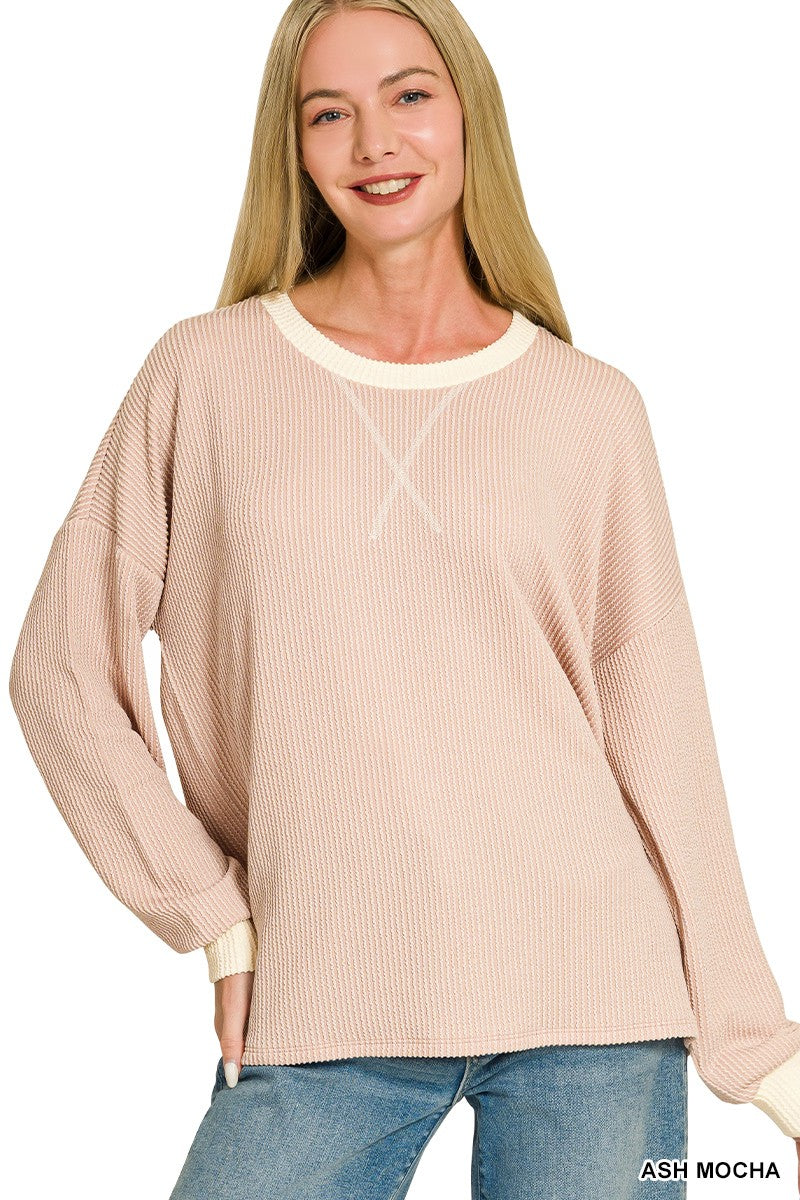 Raised Rib Round Neck Pullover