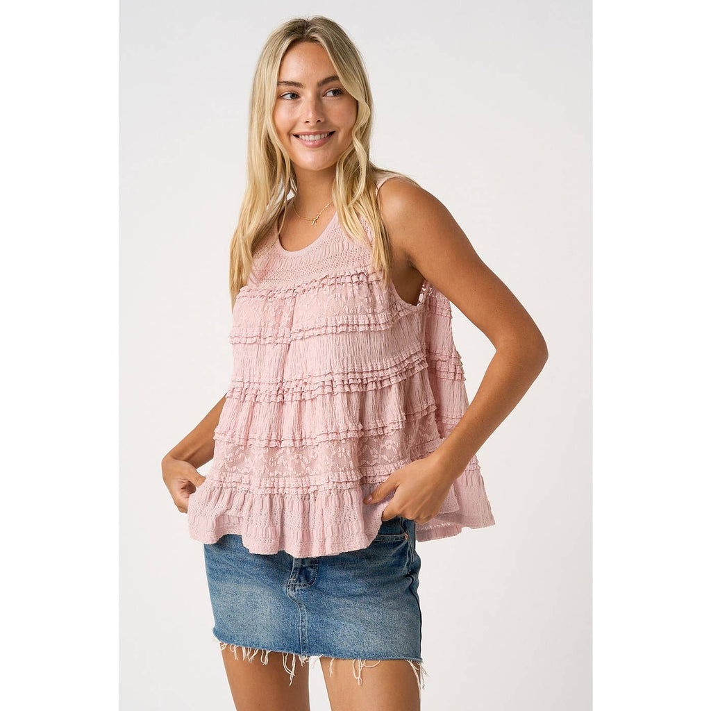 LACE TEXTURE RUFFLE TIER ROUND NECK TANK TOP