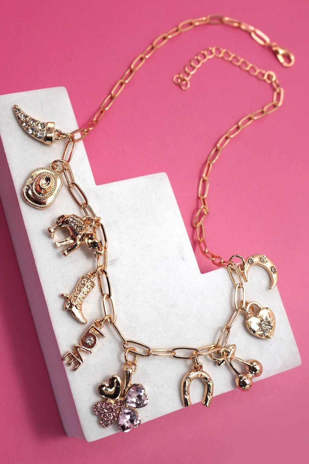 CHARM NECKLACE-WESTERN BOOTS HAT HORSESHOE HEART