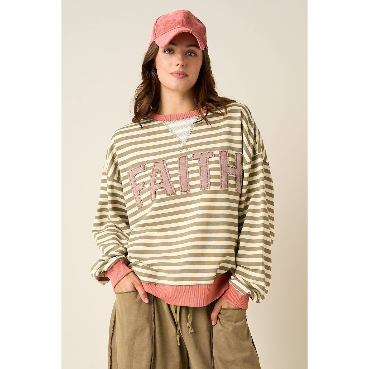 FAITH PATCHWORK STRIPED LONG SLEEVE SWEATSHIRT