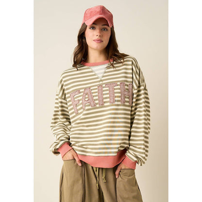 FAITH PATCHWORK STRIPED LONG SLEEVE SWEATSHIRT