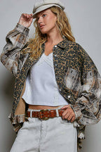 Pol Clothing - Allover Print Pattern Raw-Edge Fringe Trim Shirt Jacket