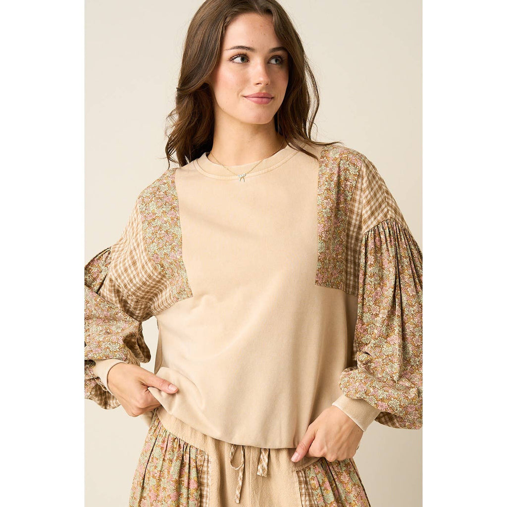 mittoshop - PATCHWORK SLEEVE MINERAL WASH CREW NECK SWEATSHIRT