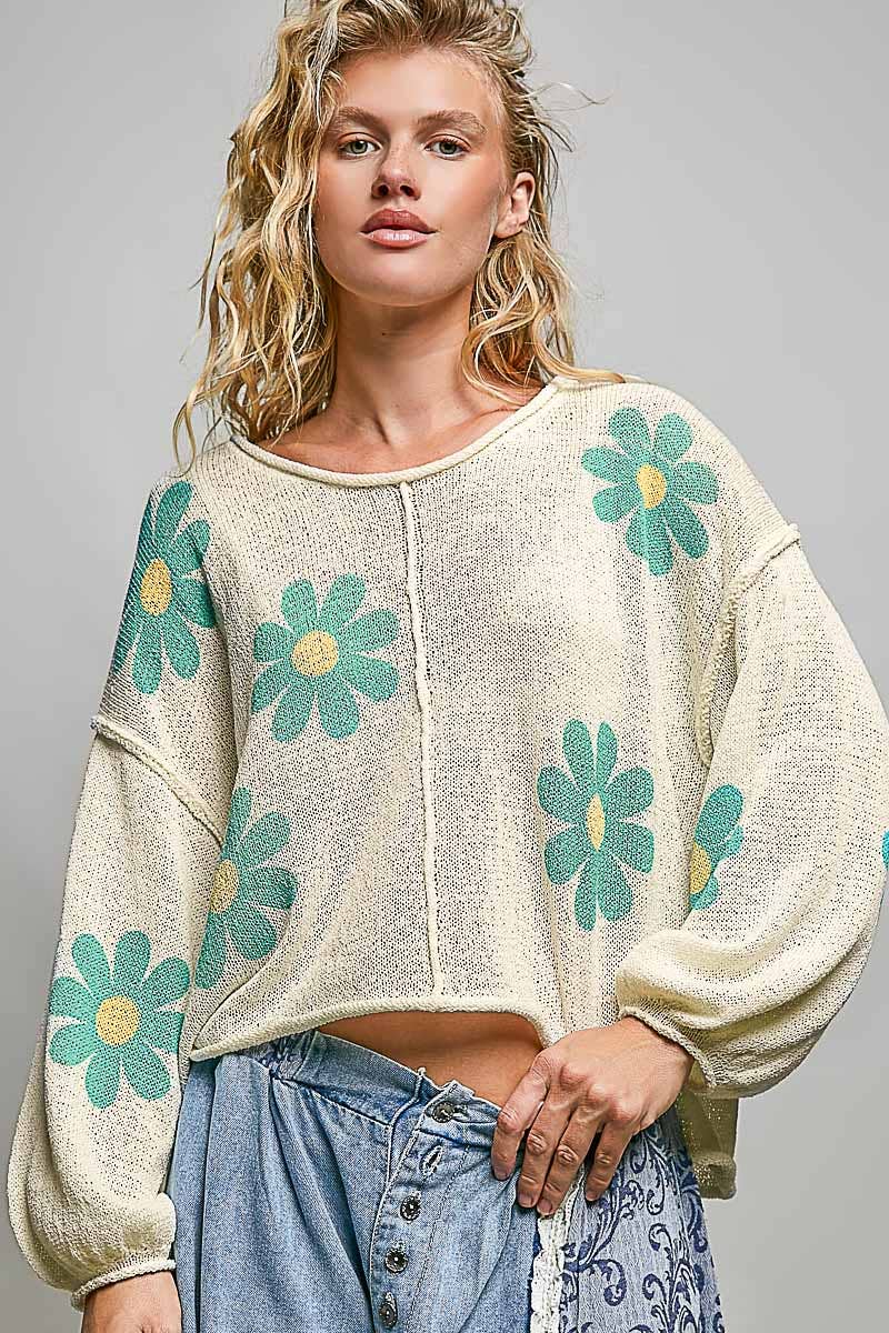 Pol Clothing - Round Neck Balloon Sleeve Floral Print Thin Sweater