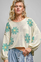 Pol Clothing - Round Neck Balloon Sleeve Floral Print Thin Sweater