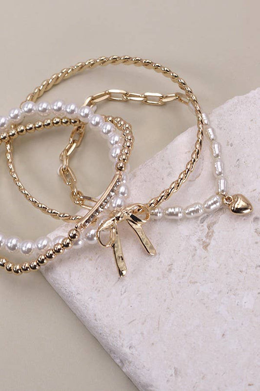 BOW PEARL RHINESTONE BAR STRETCH BANGLE SET |