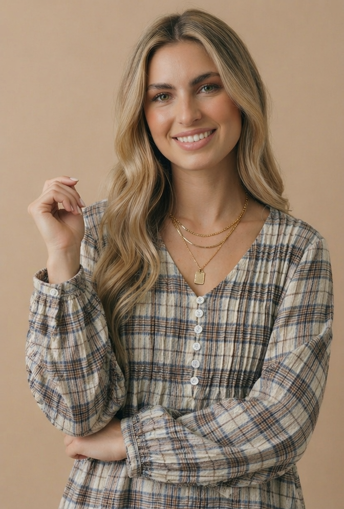 Haptics - Plus Crinkle Plaid Pin Tuck Buttoned Woven Blouse