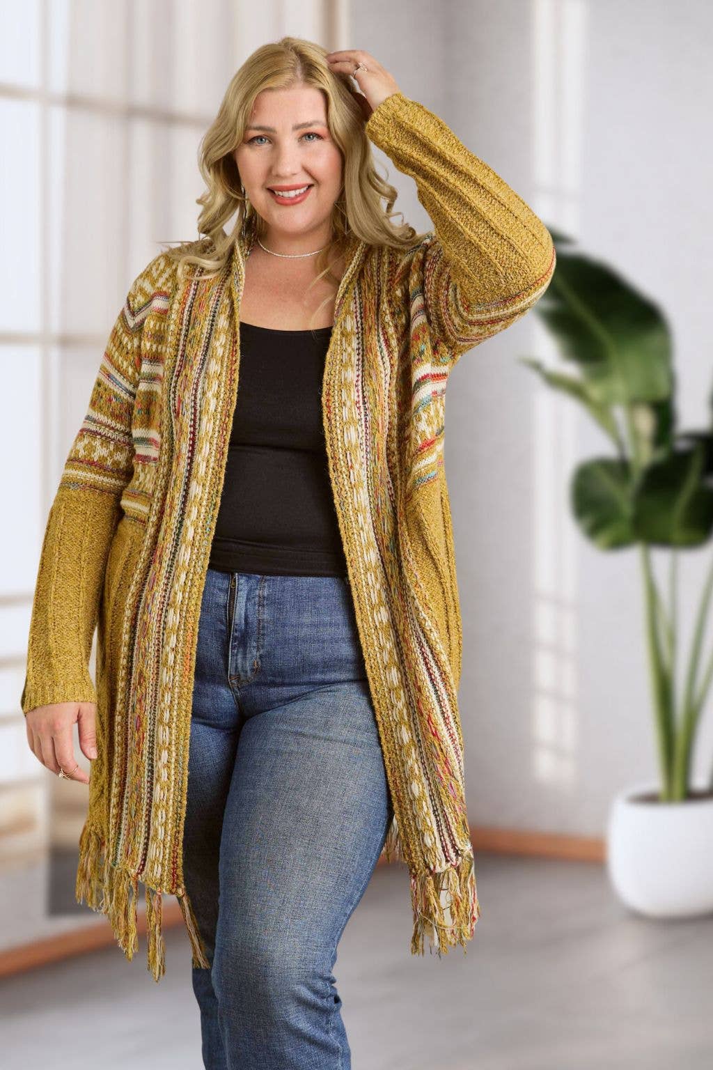 Maya PLUS FRINGE HEM AZTEC CARDIGAN