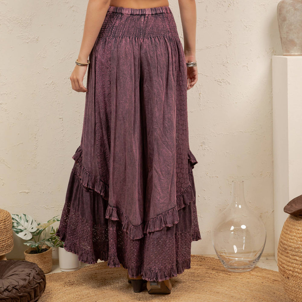 Young Threads - Boho Smocked Mineral Wash Lace Tiered Ruffle Pants NEW