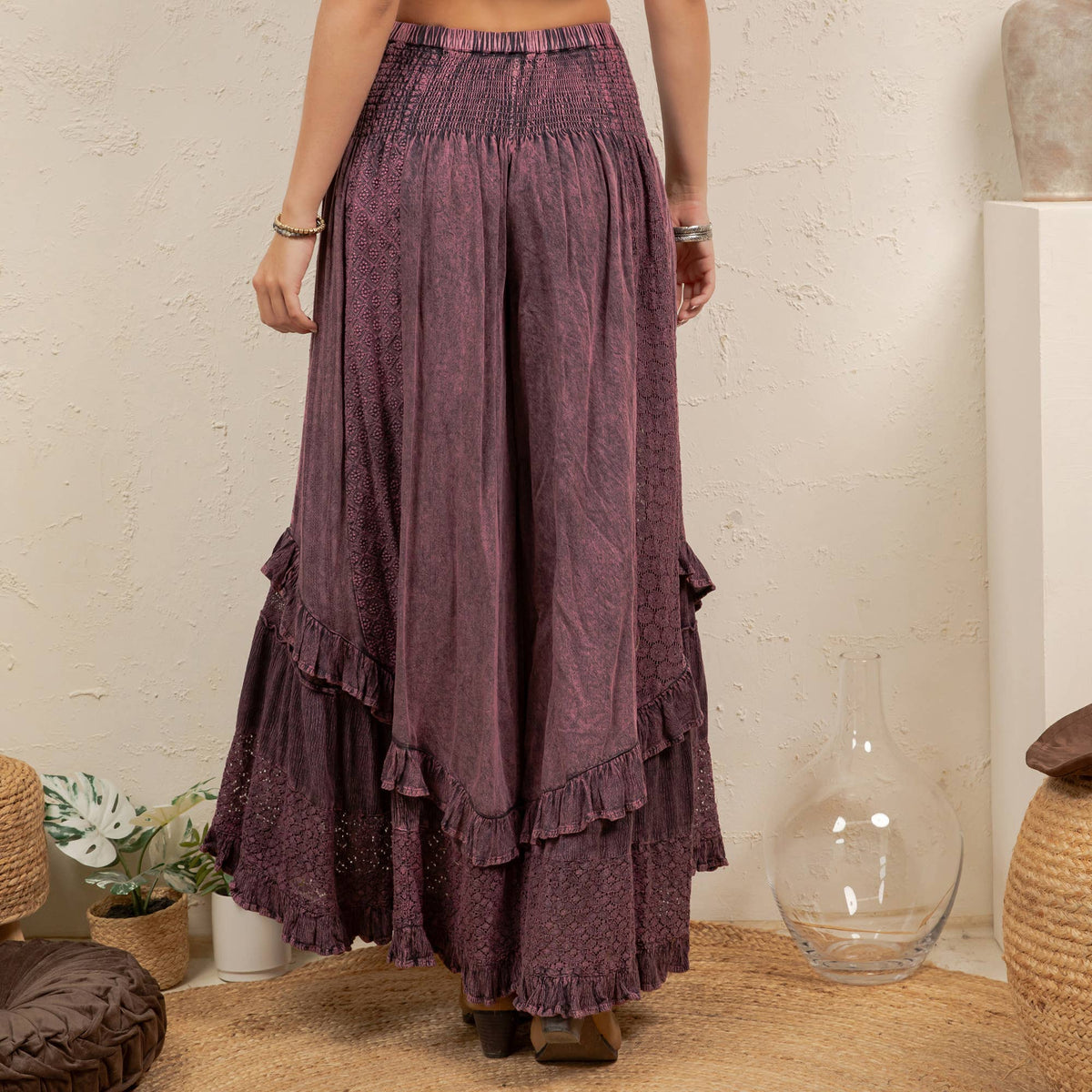 Young Threads - Boho Smocked Mineral Wash Lace Tiered Ruffle Pants NEW