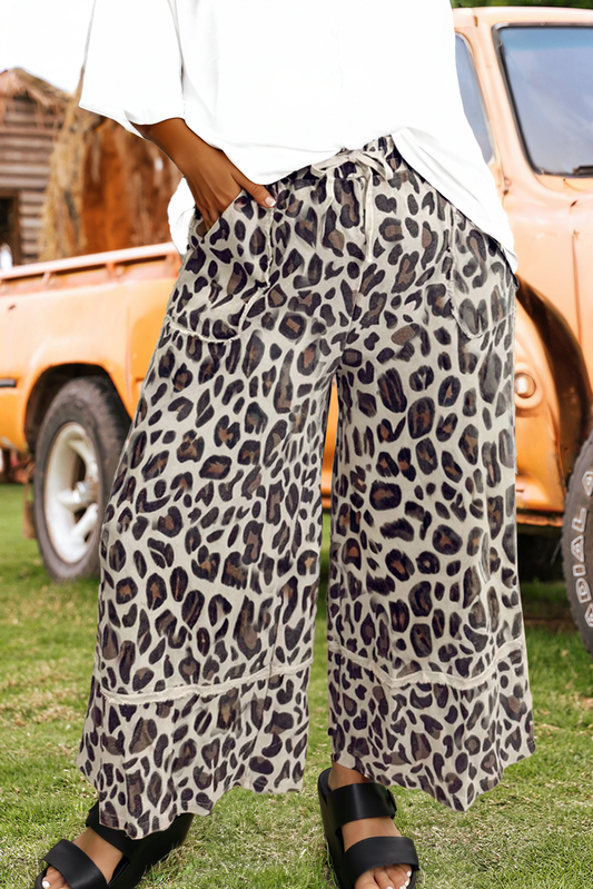 Fashion-W Leopard Wide Leg Cropped Pants