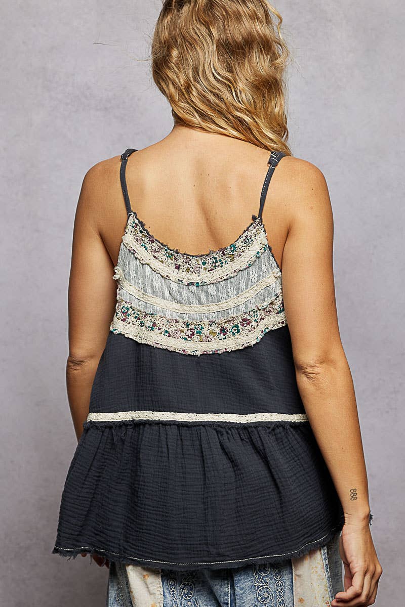 Pol Clothing - Double Gauze Denim Lace Patch Outseam Round Neck Sleeveless