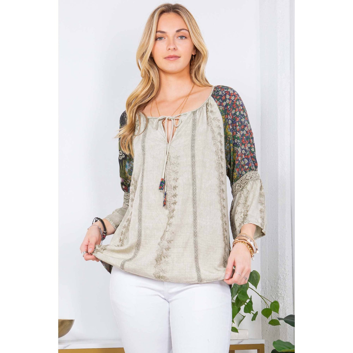 Young Threads - Enchanting Whimsy Overdyed Rayon Peasant Top With Embroidery
