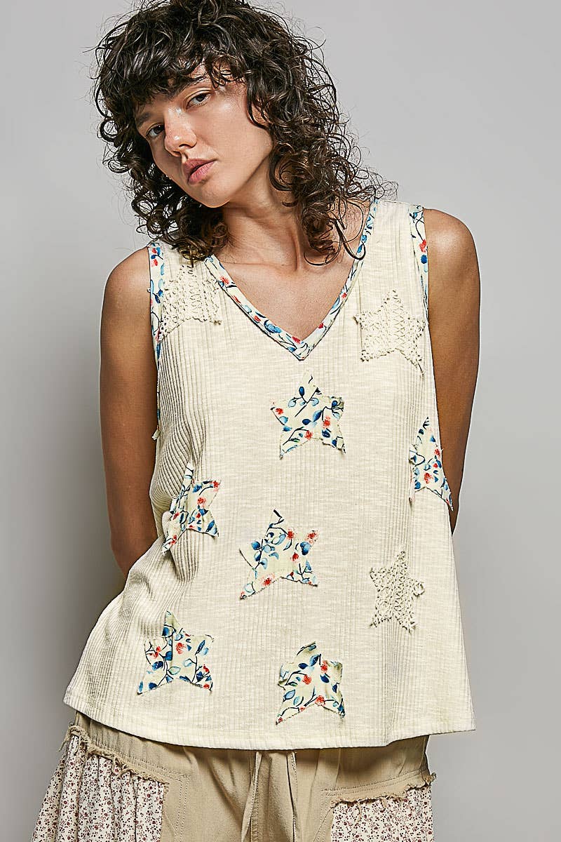 Pol Clothing - Boho Floral Star Patch Rib Sleeveless Top