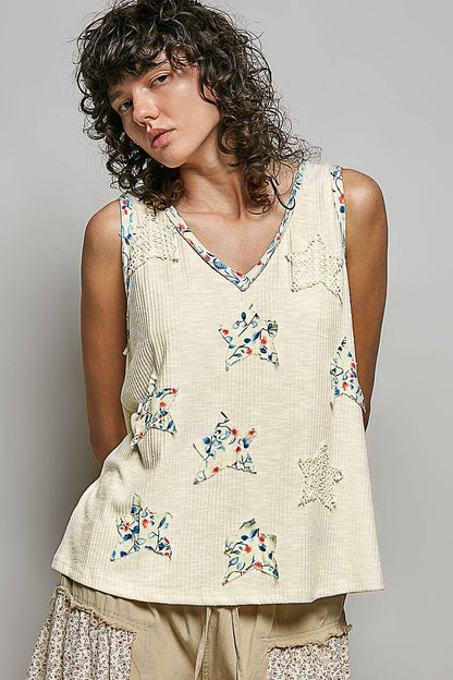 Pol Clothing - Boho Floral Star Patch Rib Sleeveless Top