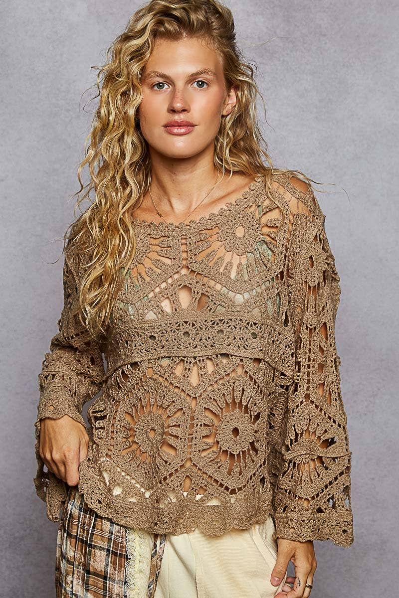 Alexus Round Neck 3/4 Sleeve Crochet Cropped Top