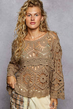 Alexus Round Neck 3/4 Sleeve Crochet Cropped Top