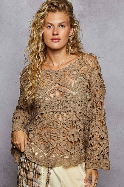 Alexus Round Neck 3/4 Sleeve Crochet Cropped Top